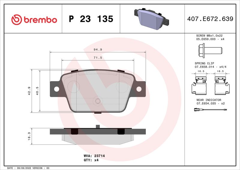 Комплект гальмівних накладок, дискове гальмо BREMBO P 23 135