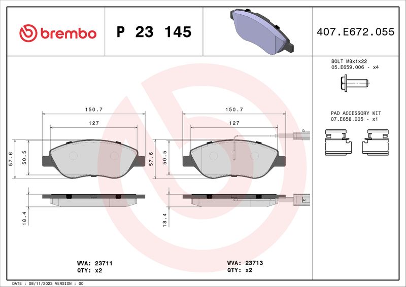 Комплект гальмівних накладок, дискове гальмо BREMBO P 23 145