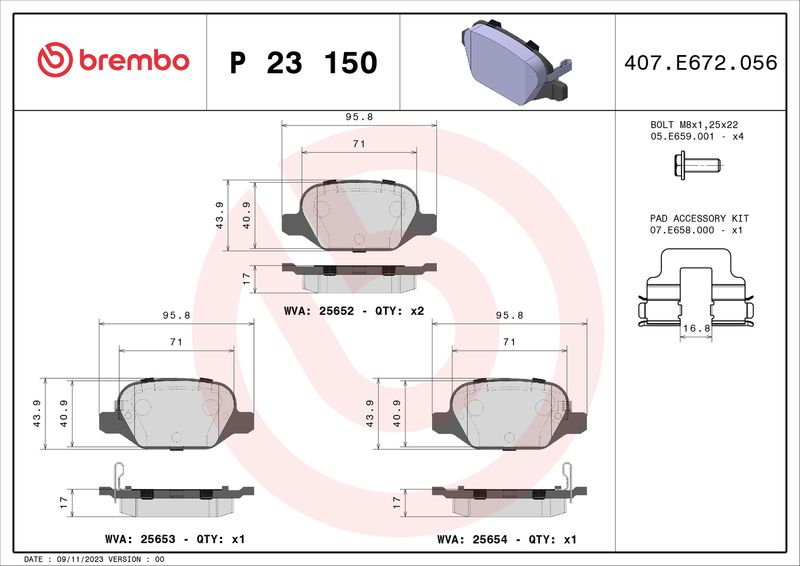 Комплект гальмівних накладок, дискове гальмо BREMBO P 23 150