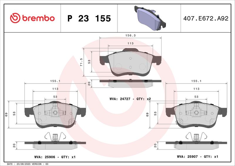 Stabdžių trinkelių rinkinys, diskinis stabdys BREMBO P 23 155