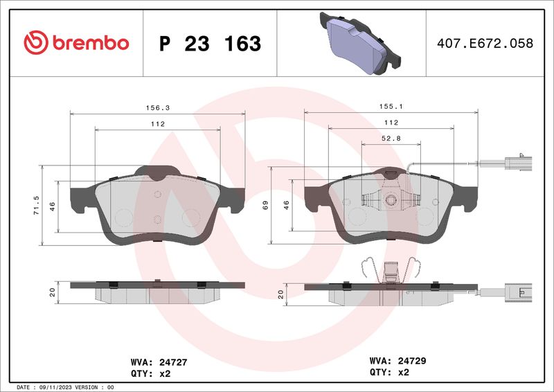 Stabdžių trinkelių rinkinys, diskinis stabdys BREMBO P 23 163