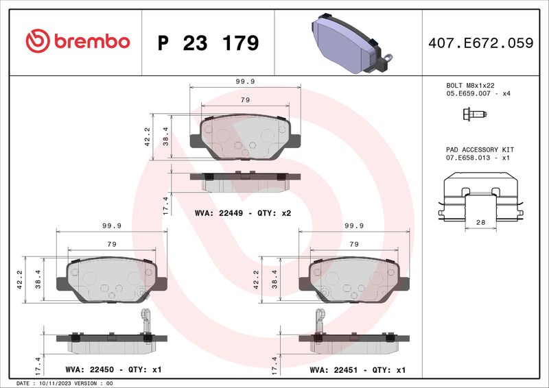 Brake Pad Set, disc brake BREMBO P 23 179