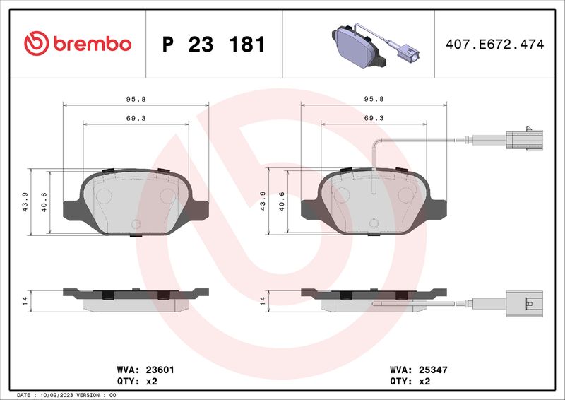 Stabdžių trinkelių rinkinys, diskinis stabdys BREMBO P 23 181