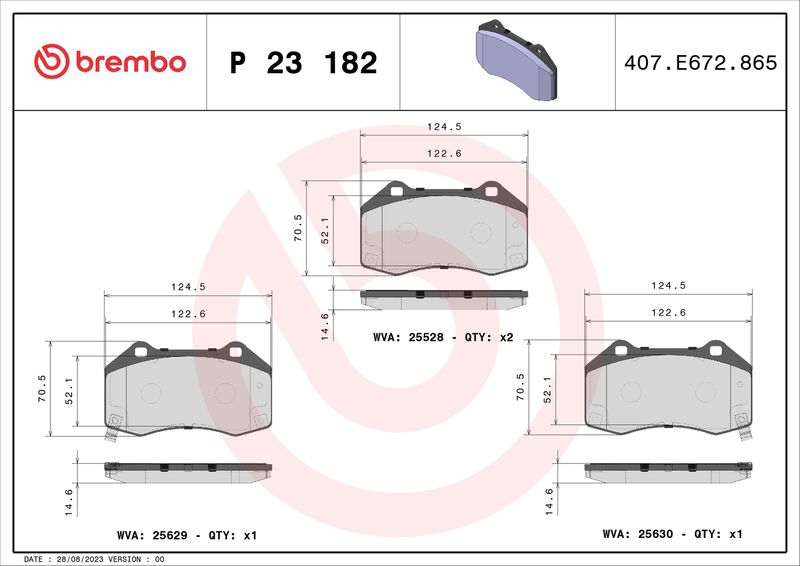 Комплект гальмівних накладок, дискове гальмо BREMBO P 23 182