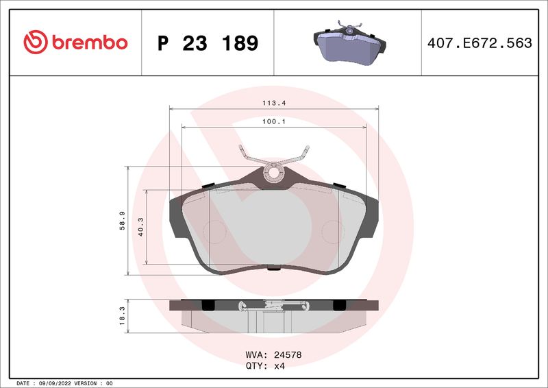 Stabdžių trinkelių rinkinys, diskinis stabdys BREMBO P 23 189