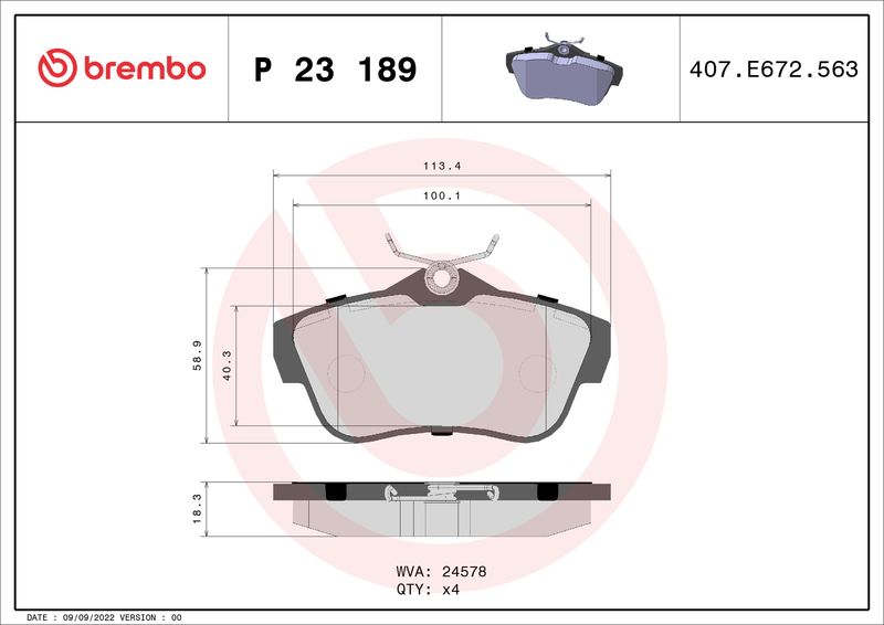 Комплект гальмівних накладок, дискове гальмо BREMBO P 23 189