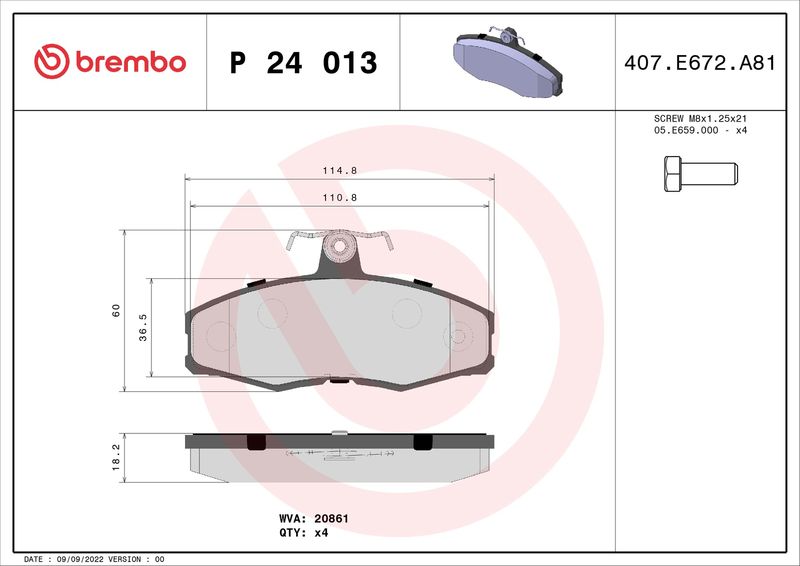 Stabdžių trinkelių rinkinys, diskinis stabdys BREMBO P 24 013