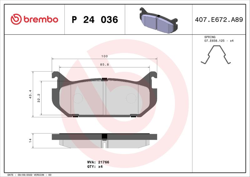 Комплект гальмівних накладок, дискове гальмо BREMBO P 24 036