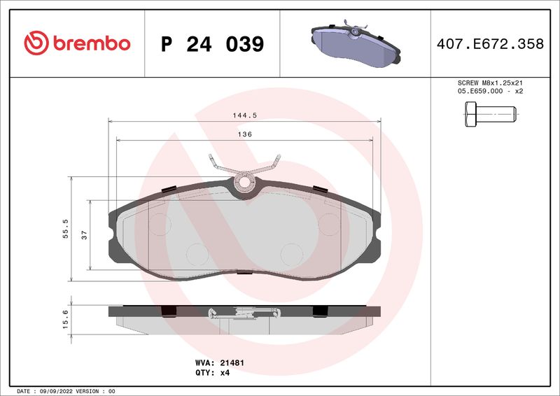 Комплект гальмівних накладок, дискове гальмо BREMBO P 24 039