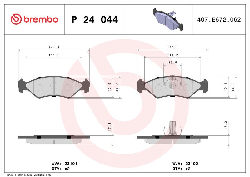 Комплект гальмівних накладок, дискове гальмо BREMBO P 24 044