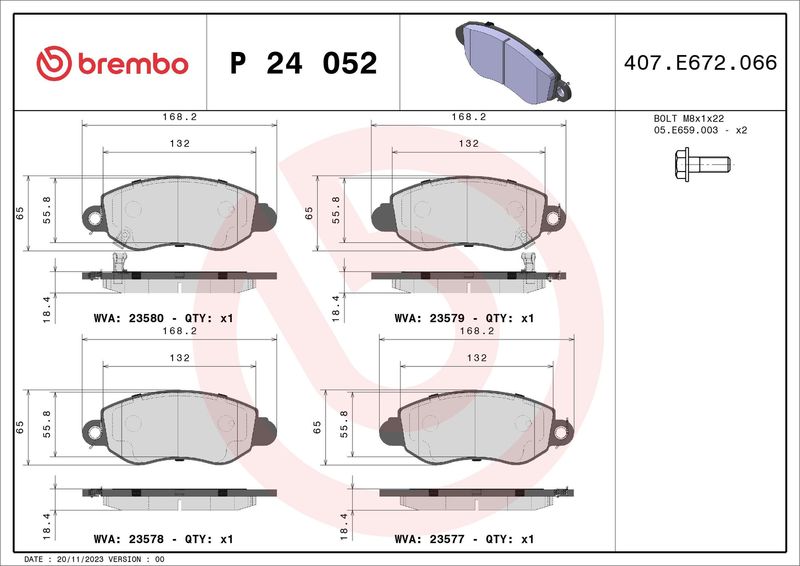 Stabdžių trinkelių rinkinys, diskinis stabdys BREMBO P 24 052