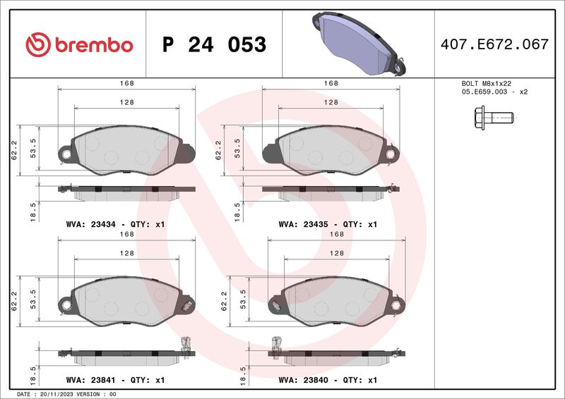 Stabdžių trinkelių rinkinys, diskinis stabdys BREMBO P 24 053