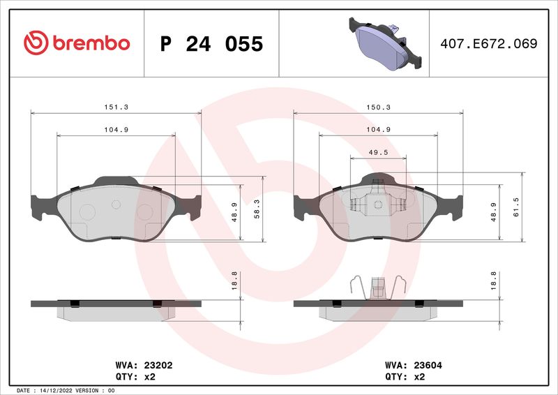 Комплект гальмівних накладок, дискове гальмо BREMBO P 24 055