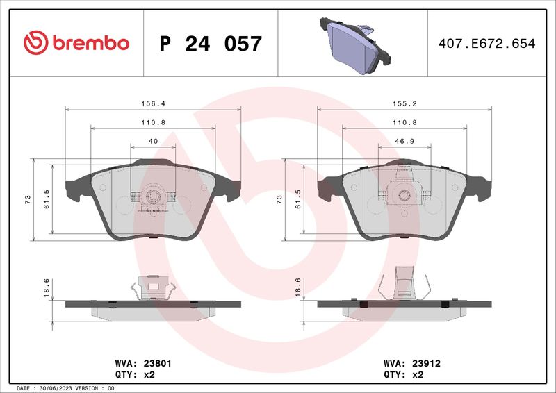 Комплект гальмівних накладок, дискове гальмо BREMBO P 24 057