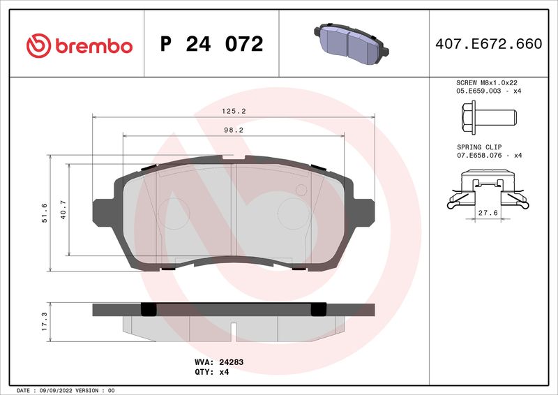 Stabdžių trinkelių rinkinys, diskinis stabdys BREMBO P 24 072X