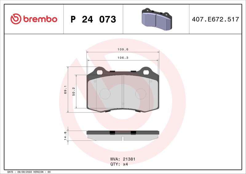 Комплект гальмівних накладок, дискове гальмо BREMBO P 24 073