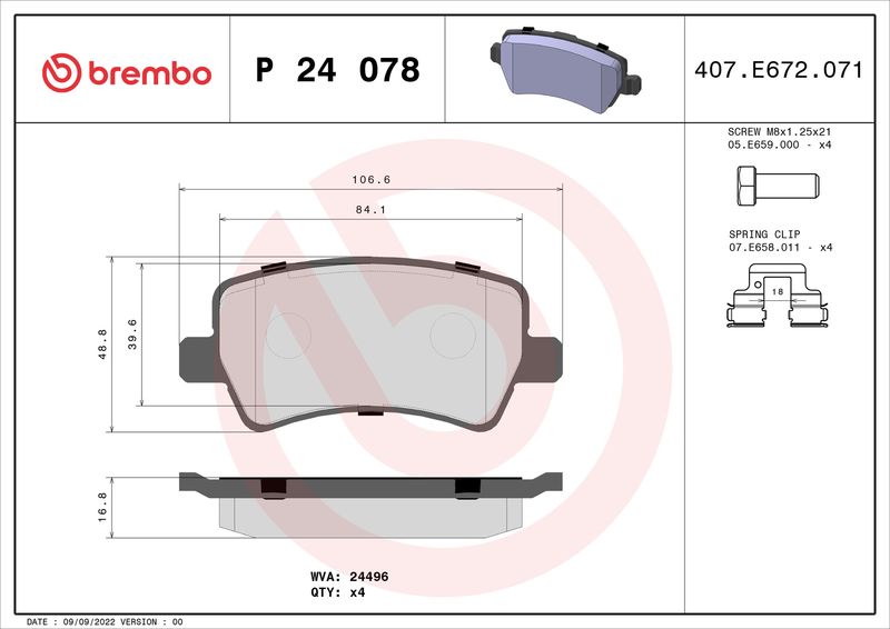 Комплект гальмівних накладок, дискове гальмо BREMBO P 24 078