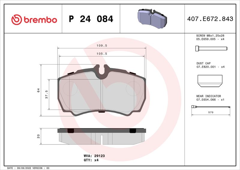 Stabdžių trinkelių rinkinys, diskinis stabdys BREMBO P 24 084