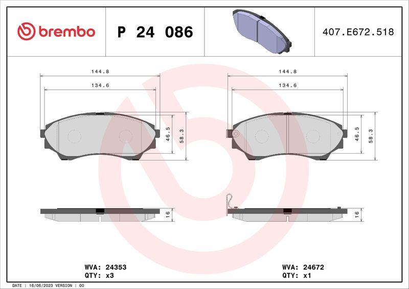 Комплект гальмівних накладок, дискове гальмо BREMBO P 24 086