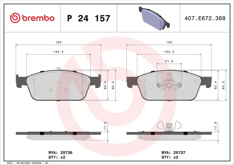 Stabdžių trinkelių rinkinys, diskinis stabdys BREMBO P 24 157