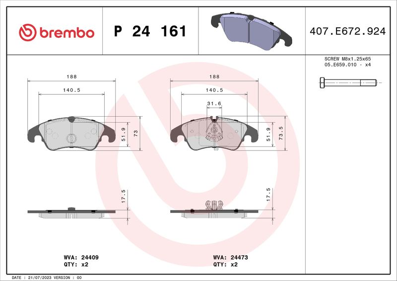 Stabdžių trinkelių rinkinys, diskinis stabdys BREMBO P 24 161