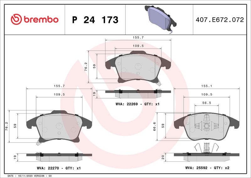 Stabdžių trinkelių rinkinys, diskinis stabdys BREMBO P 24 173