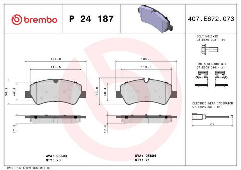 Комплект гальмівних накладок, дискове гальмо BREMBO P 24 187