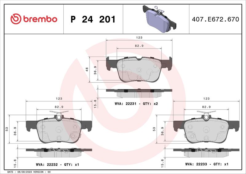 Комплект гальмівних накладок, дискове гальмо BREMBO P 24 201