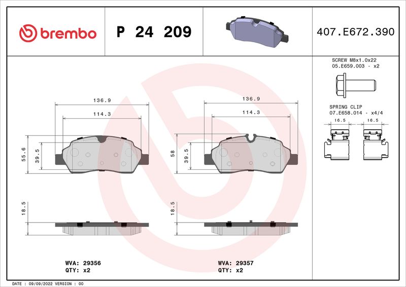 Комплект гальмівних накладок, дискове гальмо BREMBO P 24 209