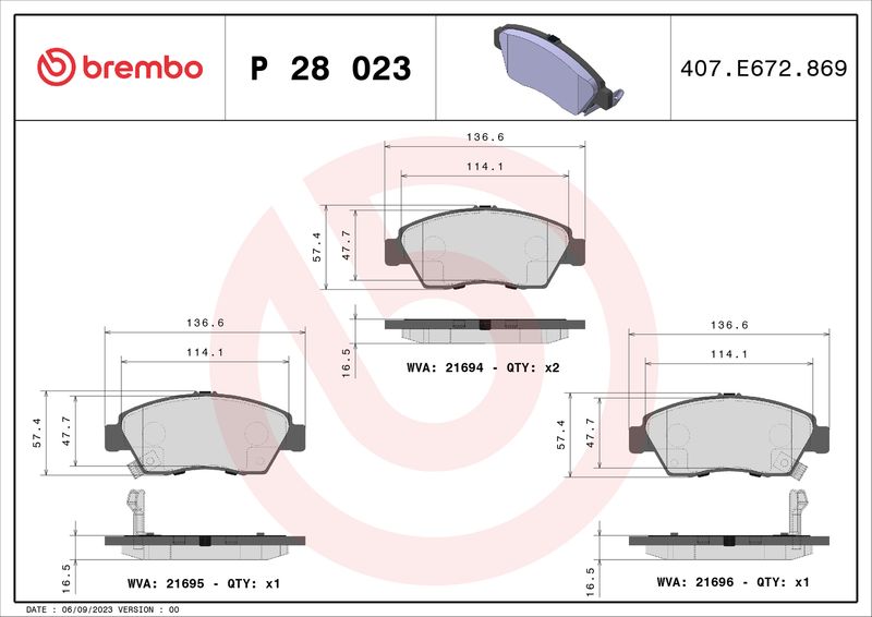 Stabdžių trinkelių rinkinys, diskinis stabdys BREMBO P 28 023