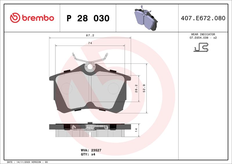Комплект гальмівних накладок, дискове гальмо BREMBO P 28 030