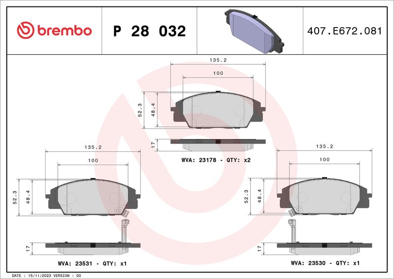 Комплект гальмівних накладок, дискове гальмо BREMBO P 28 032