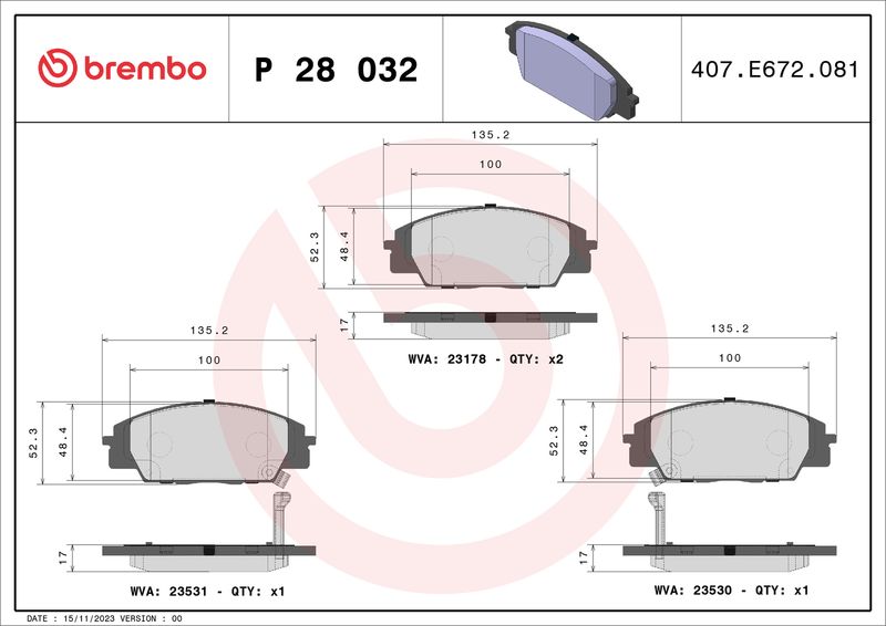 Brake Pad Set, disc brake BREMBO P 28 032