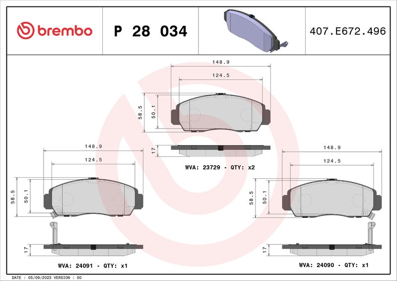 Комплект гальмівних накладок, дискове гальмо BREMBO P 28 034