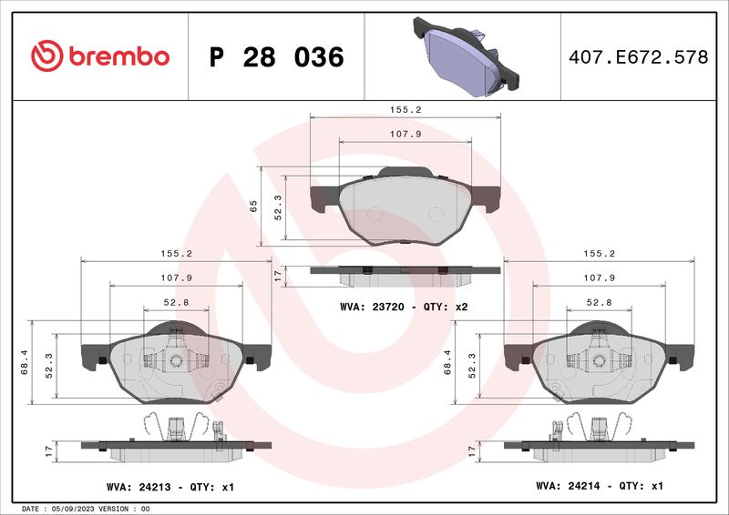 Комплект гальмівних накладок, дискове гальмо BREMBO P 28 036