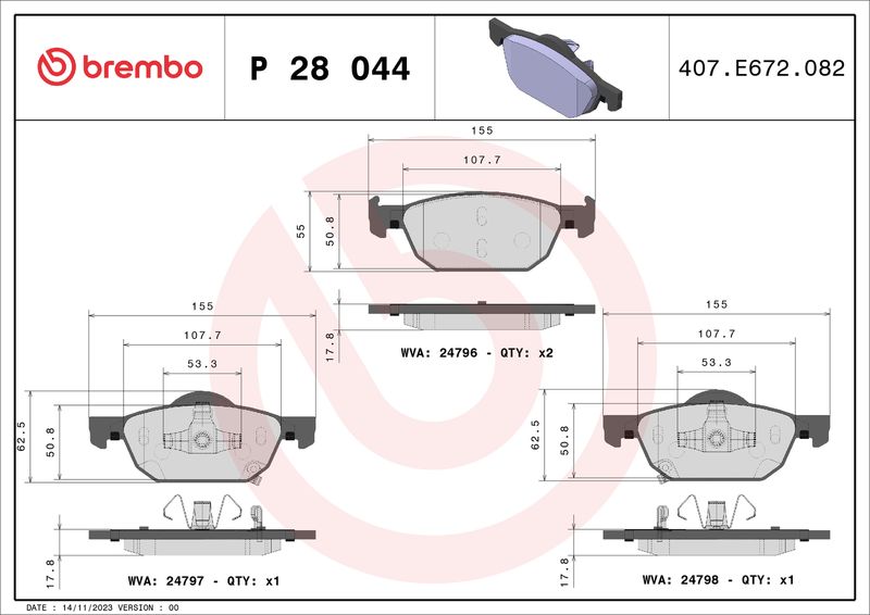 Комплект гальмівних накладок, дискове гальмо BREMBO P 28 044