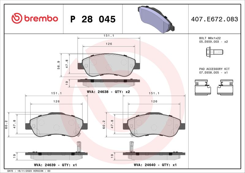 Stabdžių trinkelių rinkinys, diskinis stabdys BREMBO P 28 045X