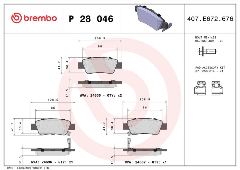 Stabdžių trinkelių rinkinys, diskinis stabdys BREMBO P 28 046