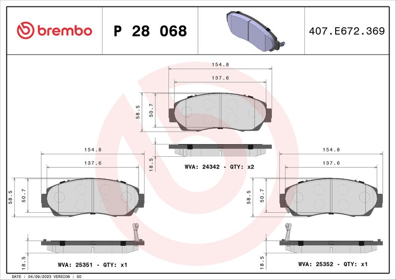 Комплект гальмівних накладок, дискове гальмо BREMBO P 28 068