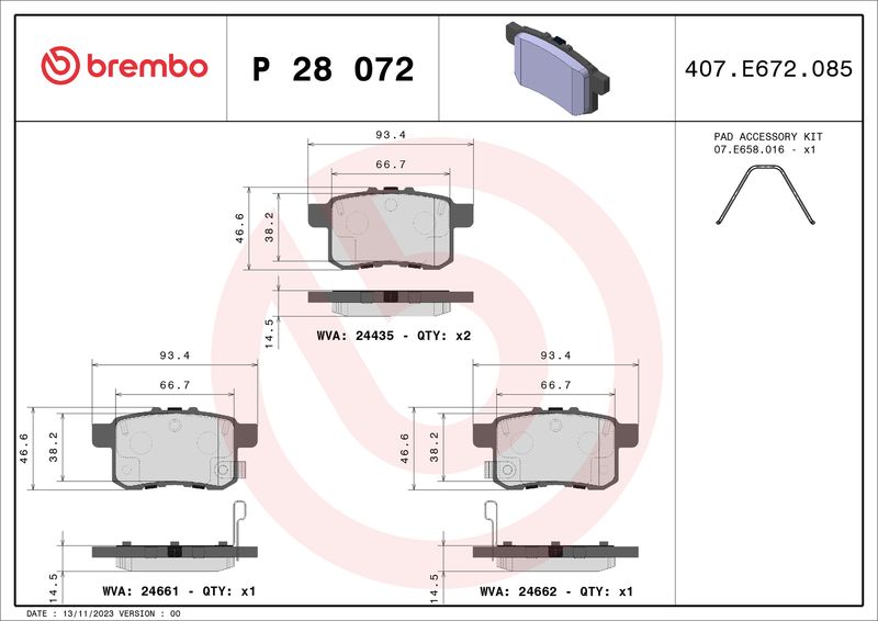 Комплект гальмівних накладок, дискове гальмо BREMBO P 28 072