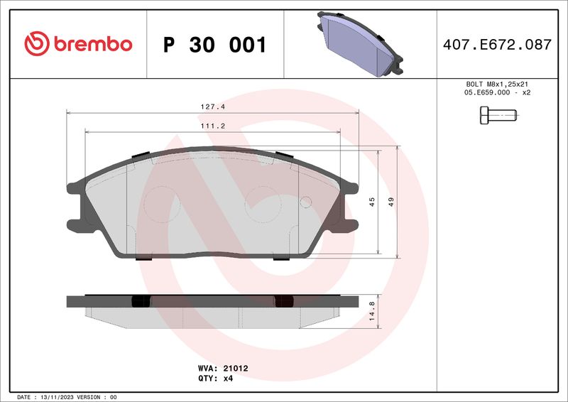 Комплект гальмівних накладок, дискове гальмо BREMBO P 30 001