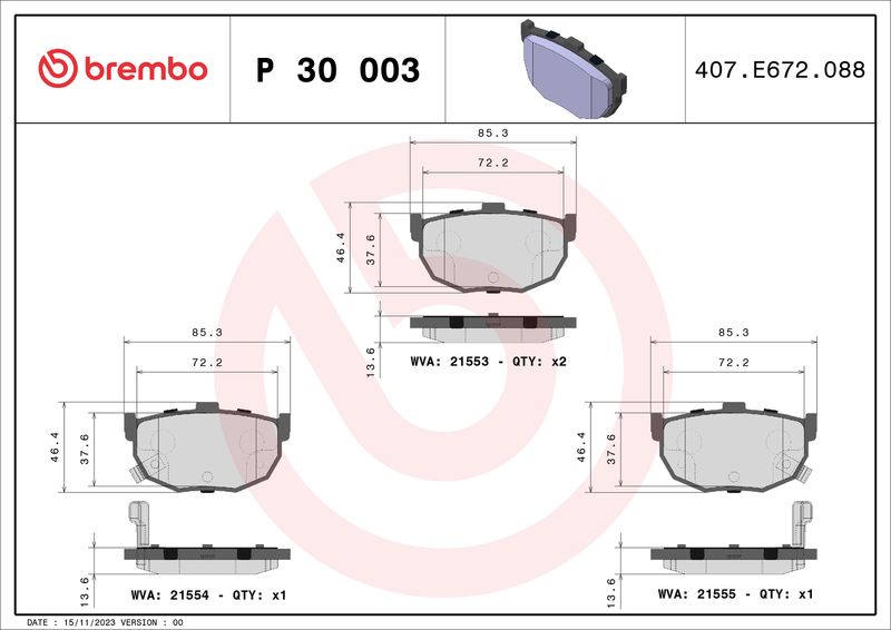 Комплект гальмівних накладок, дискове гальмо BREMBO P 30 003