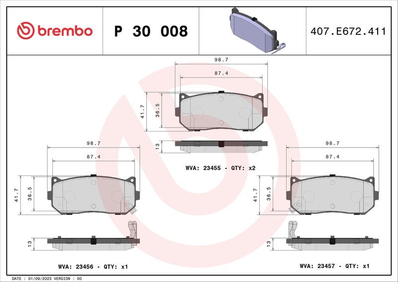 Комплект гальмівних накладок, дискове гальмо BREMBO P 30 008
