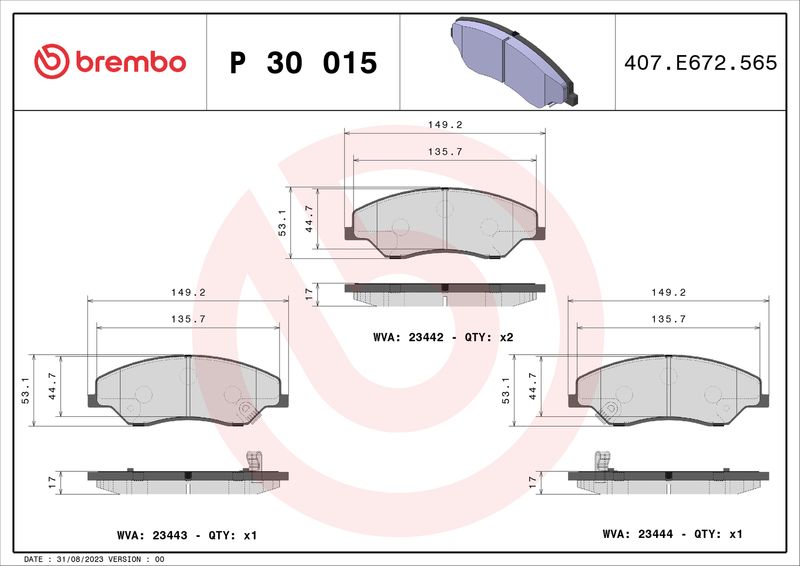 Комплект гальмівних накладок, дискове гальмо BREMBO P 30 015