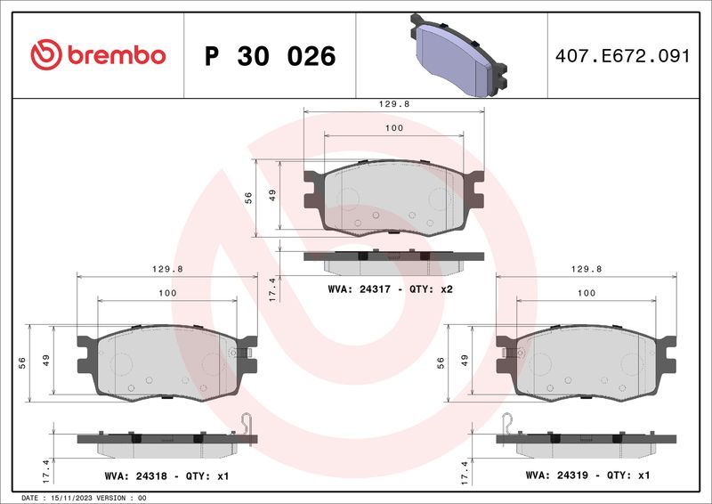 Комплект гальмівних накладок, дискове гальмо BREMBO P 30 026