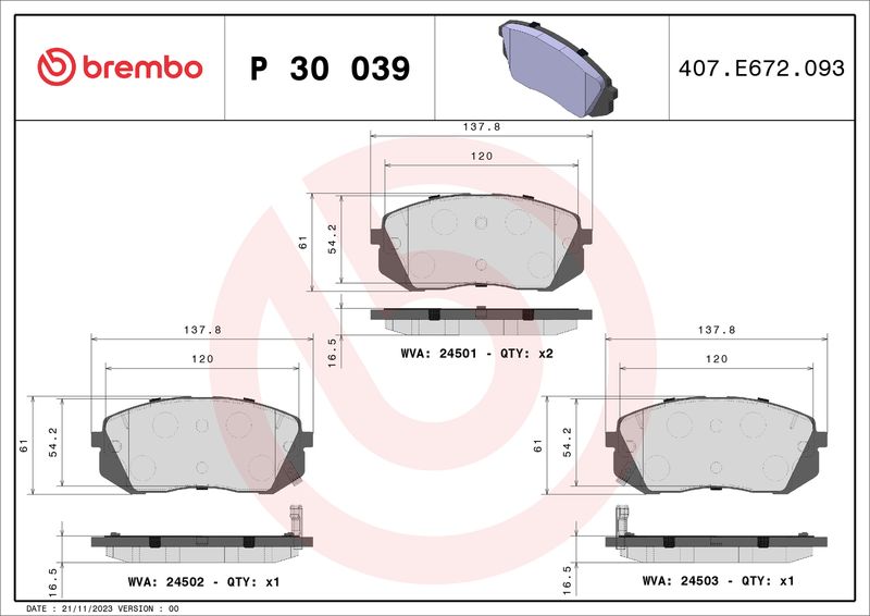 Stabdžių trinkelių rinkinys, diskinis stabdys BREMBO P 30 039