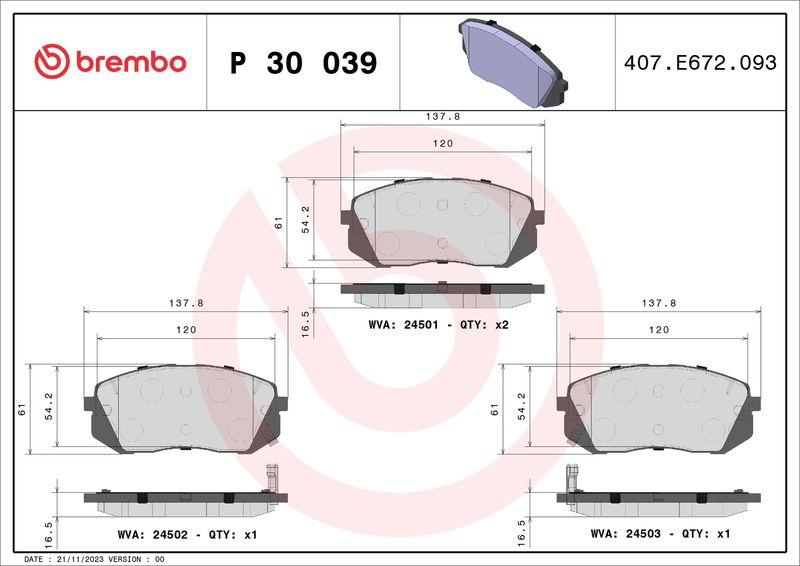 Комплект гальмівних накладок, дискове гальмо BREMBO P 30 039