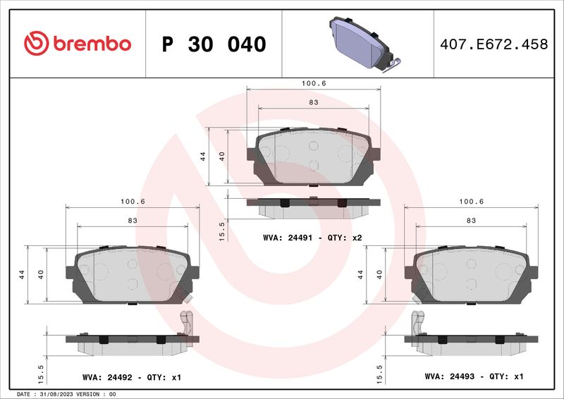 Комплект гальмівних накладок, дискове гальмо BREMBO P 30 040