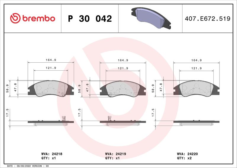 Комплект гальмівних накладок, дискове гальмо BREMBO P 30 042