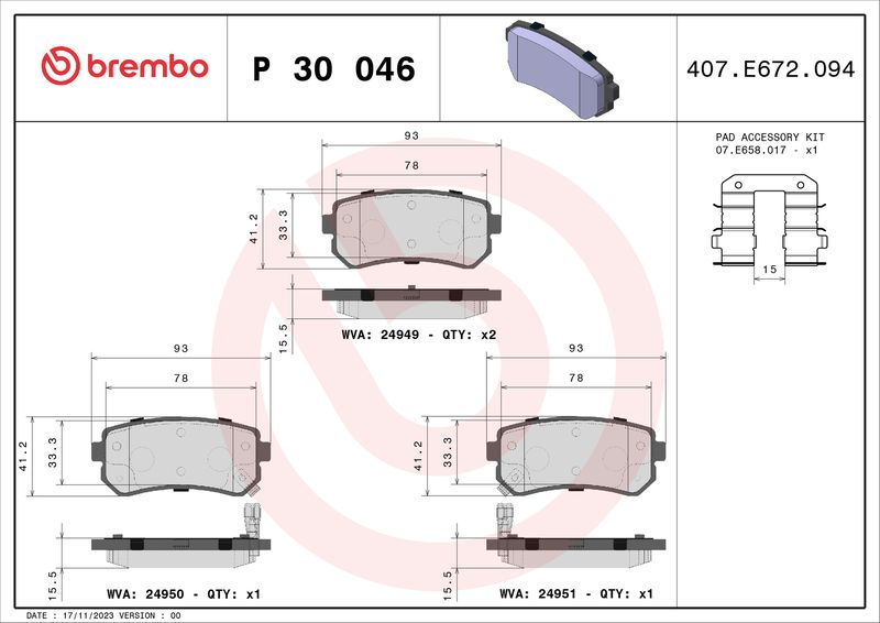 Комплект гальмівних накладок, дискове гальмо BREMBO P 30 046